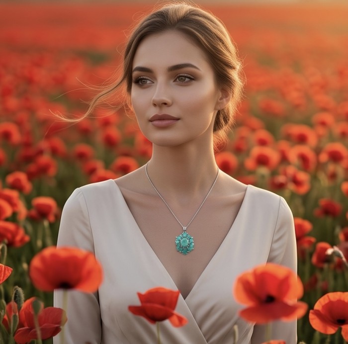 Luxurious vintage style 22.5 carat Colombian Emerald .925 Sterling Silver handmade Pendant - Woman wearing vintage-style Colombian emerald necklace in poppy field.