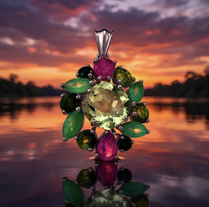 Colors of the Earth Precious 18.5 carat Green Amethyst .925 Sterling Silver dipped in rhodium Pendant - Close-up of multicolored gemstone pendant with sunset background