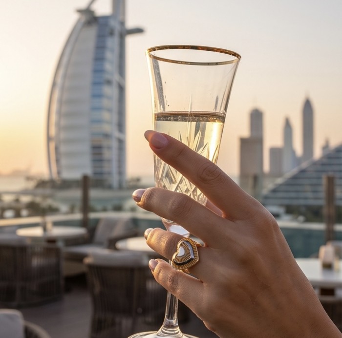 Dubai Style - Golden Heart .925 Sterling Silver dipped in 22K Gold handmade Large ring size 7 1/4 - Worn on hand holding glass, Dubai skyline in background.