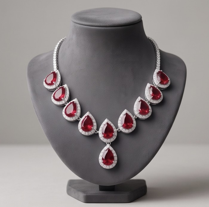 Giuseppina - Magnificent 22.7 carat authentic Ruby rhodium over .925 Sterling Silver handcrafted Statement necklace - Elegant ruby necklace on display stand, front view.