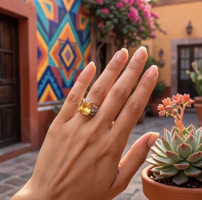 Authentic oval cut 9.2 carat Golden Topaz 14K White Gold over .925 Sterling Silver ring s. 7 - Golden Topaz ring in 14K white gold worn on hand, vibrant background.