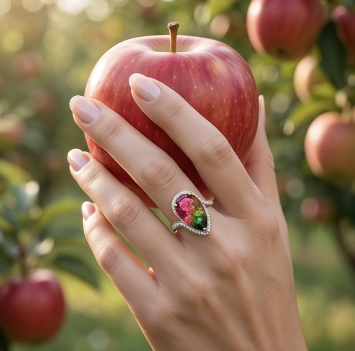 Carolyn 6.8 carat Brazilian Tourmaline .925 Sterling Silver Perfectly handcrafted Ring s. 7 - Tourmaline ring worn on hand holding a red apple in a garden setting.