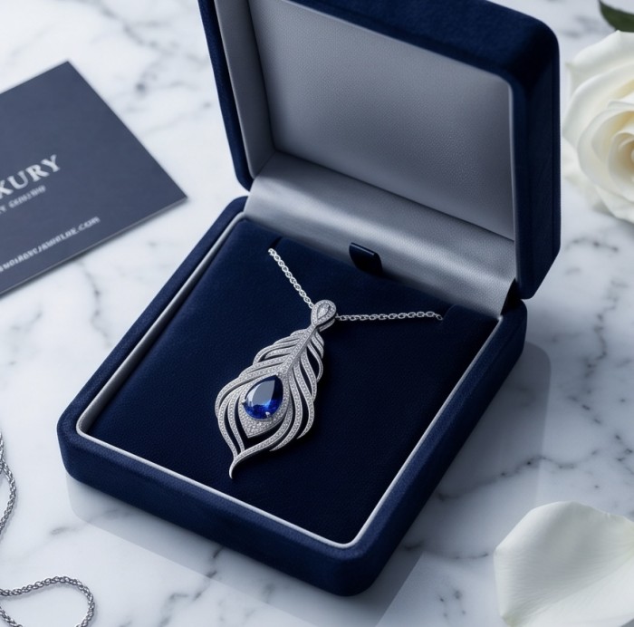 Precious Magic Feather 10.2 carat Sapphire .925 Sterling Silver .925 Sterling Silver Statement Necklace - Necklace in box showcasing sapphire feather design, top view.