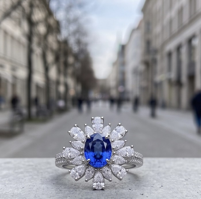 Julietta floral design 4.5 carat Sapphire .925 Sterling Silver handmade Statement ring size 6 1/4 - Close-up of Julietta floral design sapphire ring on urban street background.