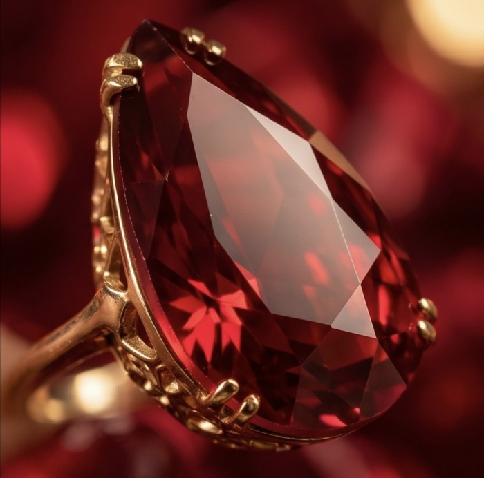 Carmen Natural 25.4 carat Ruby .925 Sterling Silver dipped in 22K Gold handmade Large Statement Ring size 8 1/4 - Close-up of Carmen Ruby in gold setting, 25.4 carat.