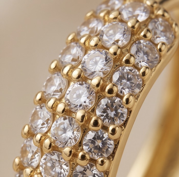 Dubai Style - 0.8 carat White Topaz .925 Sterling Silver dipped in 18K Gold handmade Earrings - Close-up of Dubai Style ring with white topaz stones, gold prong setting.