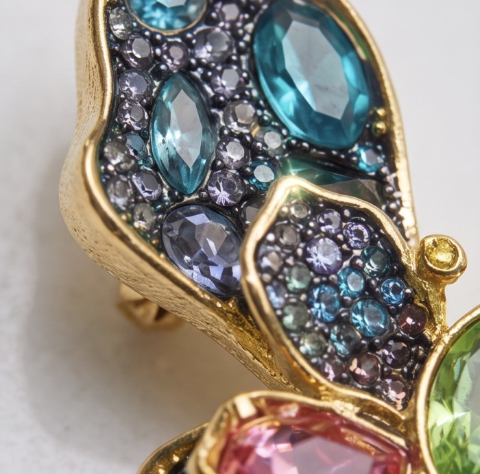 Precious Colorful Butterfly14.2 carat natural Topaz 14K Gold over .925 Sterling Silver Necklace - Brooch - Close-up of gemstone detail on colorful butterfly jewelry piece