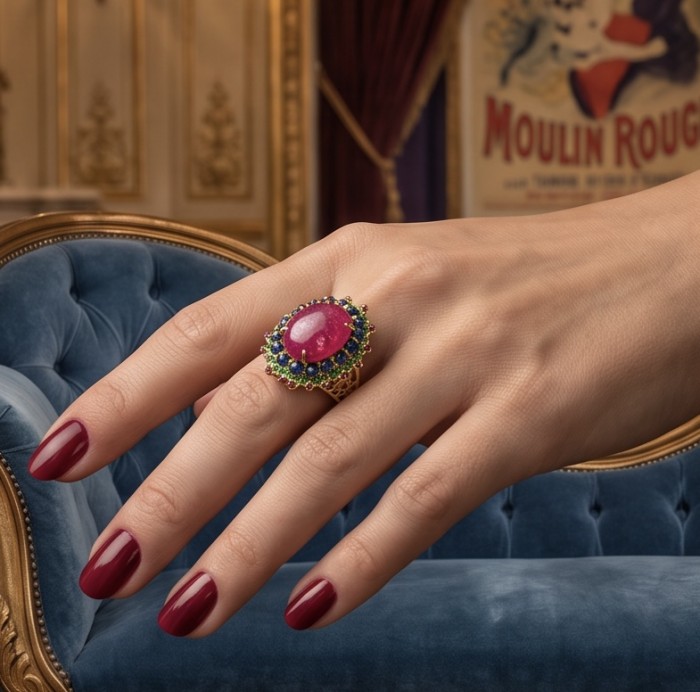 King of Gems Genuine 24.5 CARAT Mozambique Ruby 18K Gold over .925 Sterling Silver Large Statement Ring size 9 - Ruby ring worn on hand, 18K gold setting, Moulin Rouge poster in background.