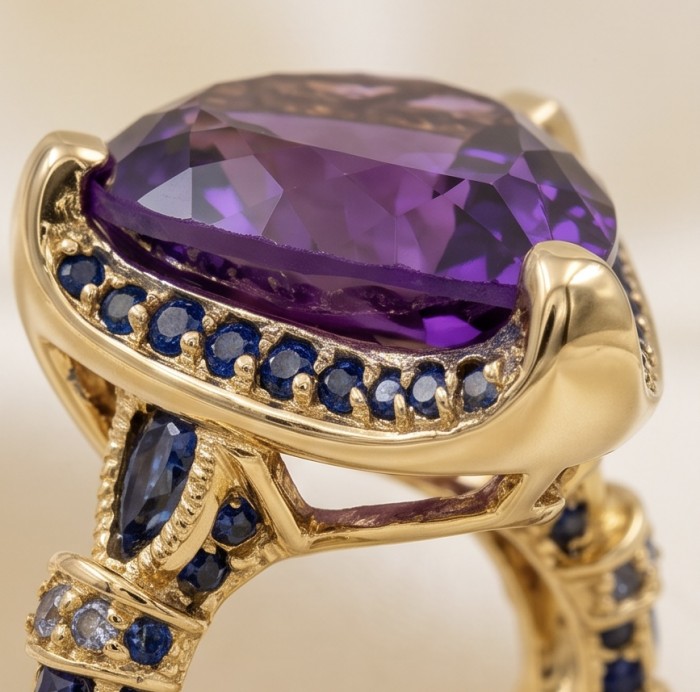 Giuseppina - Authentic 25.5 carat Amethyst Sapphire 22k Gold over .925 Sterling Silver handcrafted Statement Ring size 6 - Close-up of amethyst and sapphire ring in 22k gold setting.