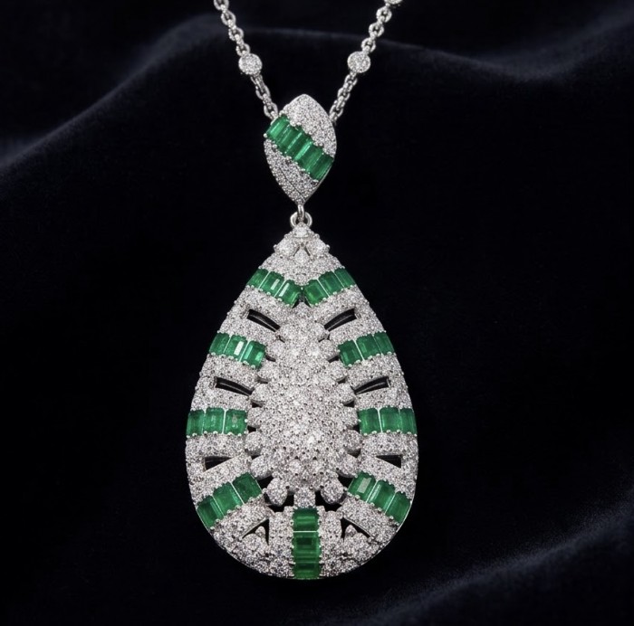 Art Deco - Royalty 10.2 carat Colombian Emerald .925 Sterling Silver .925 Sterling Silver Statement Necklace - Art Deco pendant with emeralds and diamonds on dark velvet background.