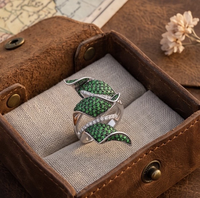 Precious pave authentic 10.2 carat Emerald .925 Sterling Silver Ring size 7 - Emerald ring in box, top view, showcasing intricate green stone detailing.