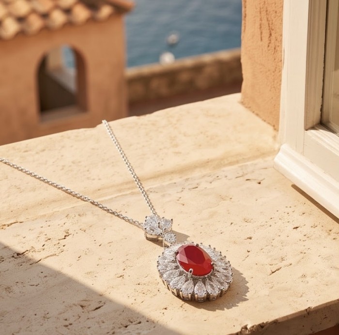 Luxurious 6.8 carat natural Mozambique Ruby .925 Sterling Silver .925 Sterling Silver Statement Necklace - Luxurious ruby pendant on windowsill, front view, ocean backdrop