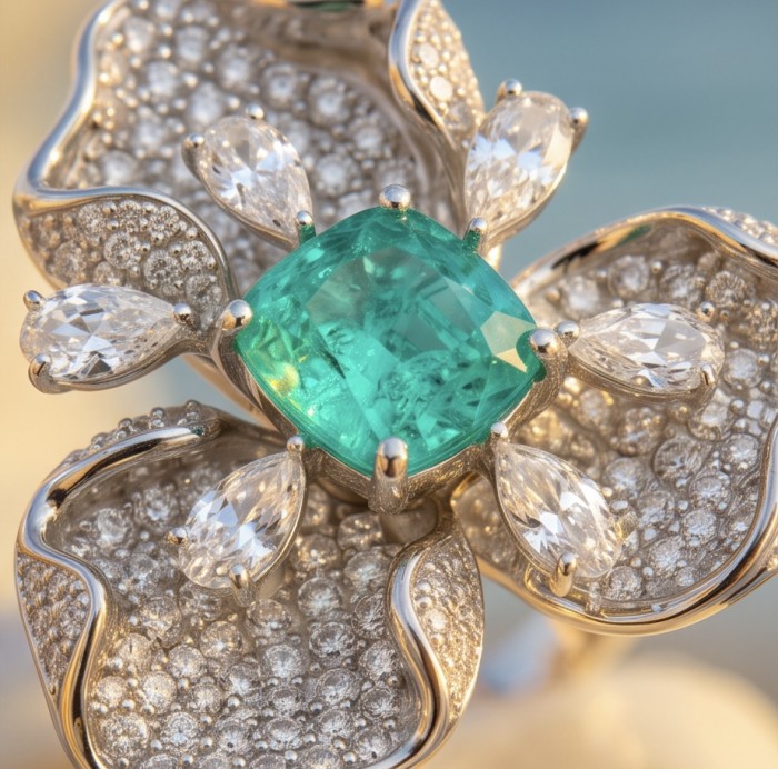 Elizabeth 4.8 carat Colombian Emerald 8.2 carat Moissanite .925 Sterling Silver dipped in Rhodium handcrafted Ring size 7 1/2 - Stone close-up of Elizabeth 4.8 carat Colombian Emerald jewelry piece.