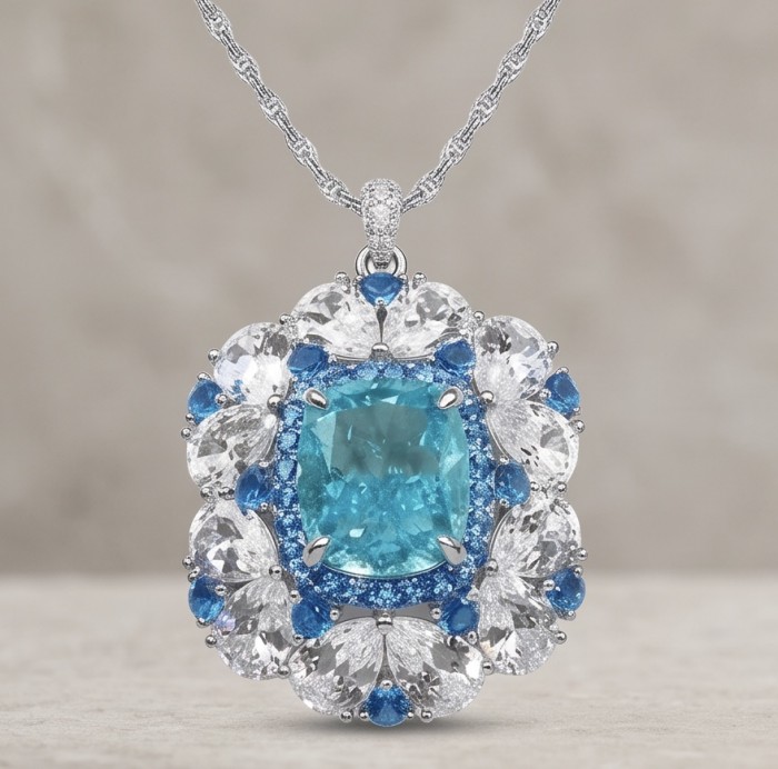 Vintage style 8.5 carat Swiss Blue Topaz Rhodium over .925 Sterling Silver handcrafted necklace - Vintage style Swiss Blue Topaz necklace, front view.