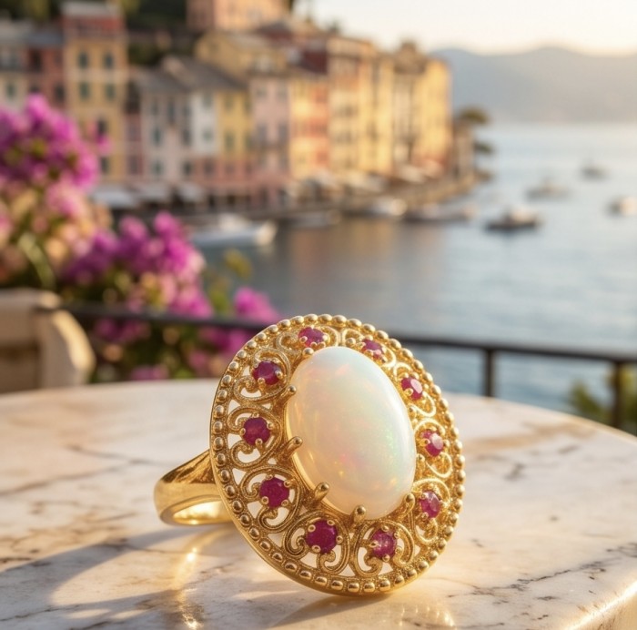 Endless Ocean Genuine 14.5 carat doublet Australian Opal 18K Gold over .925 Sterling Silver handmade Ring size 9 - Close-up of 14.5 carat doublet Australian Opal ring on a table.