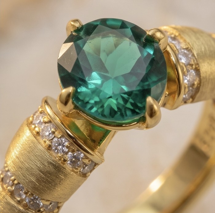 Elizabeth 2.8 carat Colombian Emerald .925 Sterling Silver dipped in Rhodium handcrafted Ring size 6 - Close-up of emerald stone with gold band and diamond accents