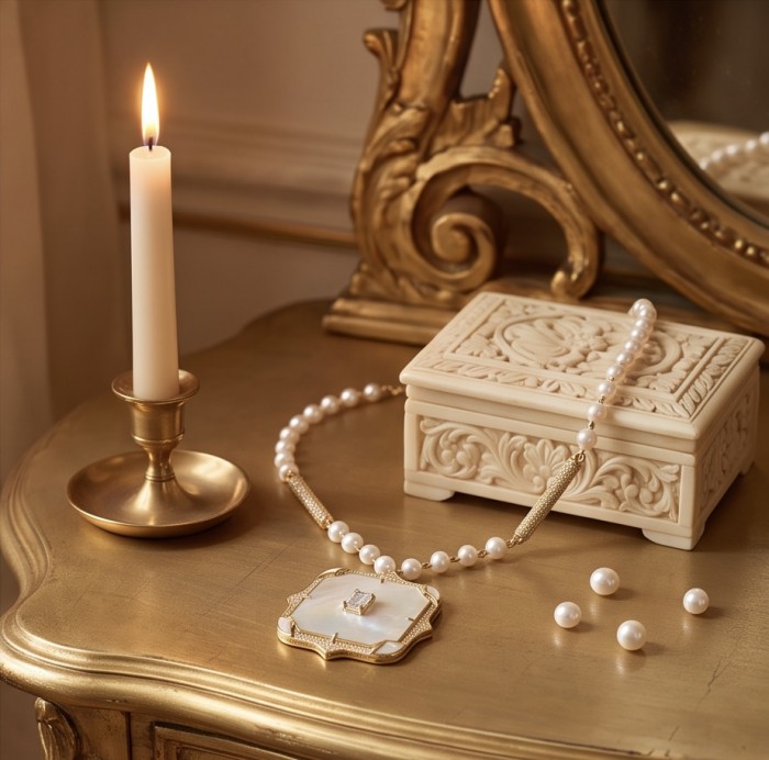 Precious natural creamy Blister Pearl 5.2 carat White Sapphire 18K Gold over .925 Sterling Silver Necklace - Pearl necklace and box on table with candle; elegant decor scene.