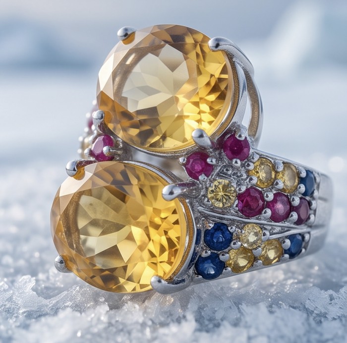 Emily 24.2 carat Brazilian Citrine .925 Sterling Silver dipped in rhodium handcrafted ring; s. 8 - Close-up of Emily ring with Brazilian Citrine and colorful gemstones.