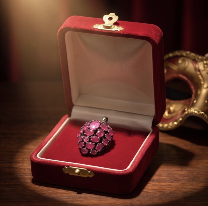 Giovanna 24.2 carat authentic Mozambique Ruby Marcasite black rhodium over .925 Sterling Silver handmade Pendant - Ruby pendant in red velvet box, top view, dramatic lighting.