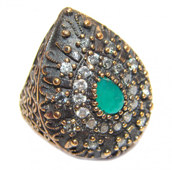 Victorian Style created Emerald & White Topaz Copper over Sterling Silver ring; s. 6 1/4 - photo 1