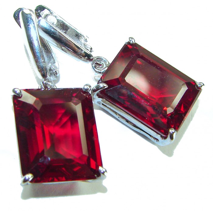 Blooming Rose baguette cut 26.5 carat Red Topaz .925 Sterling Silver handmade Statement earrings - photo 4