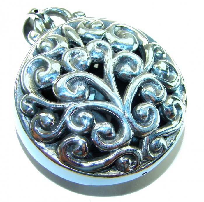 Bali Spirit Large Sterling Beauty .925 Silver Bali handmade Pendant - Ornate silver pendant close-up with intricate swirling design
