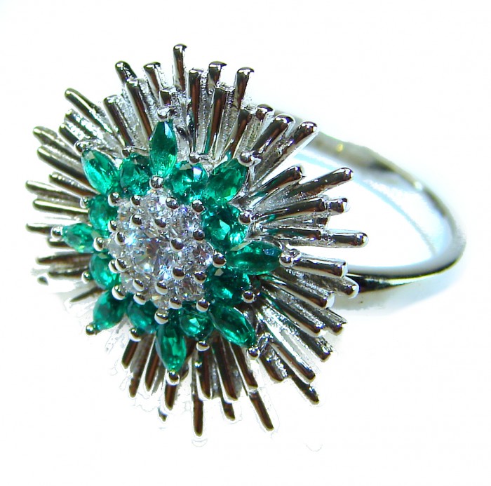 Authentic 8.2 carat Colombian Emerald .925 Sterling Silver handcrafted Ring size 6 1/4 - Emerald ring close-up, 8.2 carat, sterling silver design.