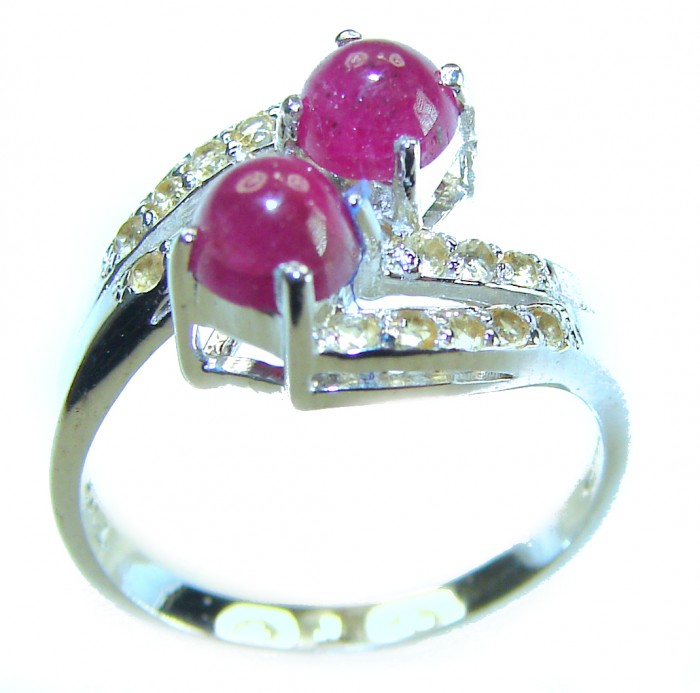 Authentic 2.3 carat Ruby .925 Sterling Silver handmade Cocktail Ring s. 7 - Side view of silver ring with two rubies and small accent stones.
