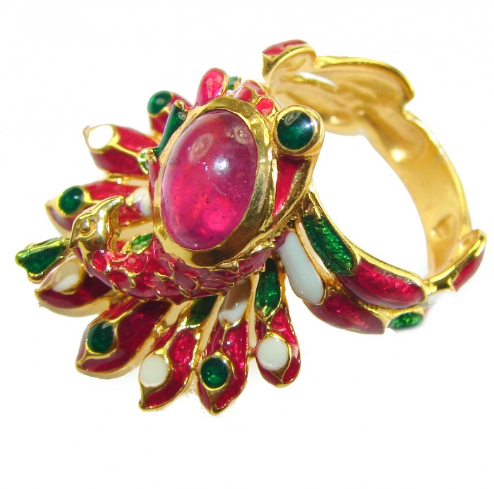 Red peacock 3.3 carat Ruby Enamel 18K Gold over .925 Sterling Silver Huge handcrafted Ring s. 7 - Peacock ring with ruby and enamel detail, side view, 18K gold over silver.