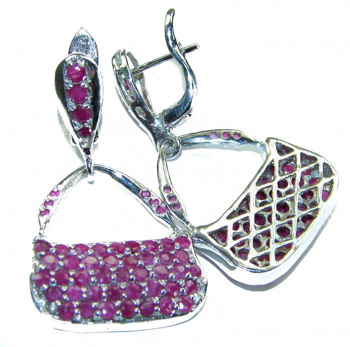 Luxurious red Bags authentic 14.8 carat Ruby .925 Sterling Silver handcrafted earrings - Earrings with red stones shaped like bags, clasp and details visible.