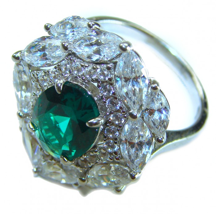 5.5 ctw Colombian Emerald .925 Sterling Silver handcrafted Statement .925 Sterling Silver Statement Ring size 7 1/4 - Emerald and diamond ring close-up view, sterling silver setting