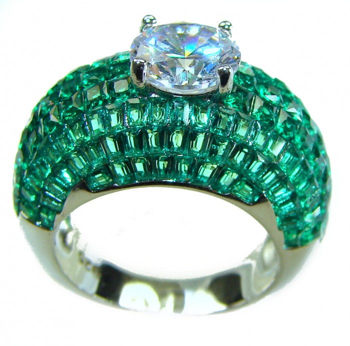 Precious Emerald authentic 19.2 carat Emerald .925 Sterling Silver Ring size 7 - Emerald ring with center stone, angled top view, 19.2 carat, sterling silver.