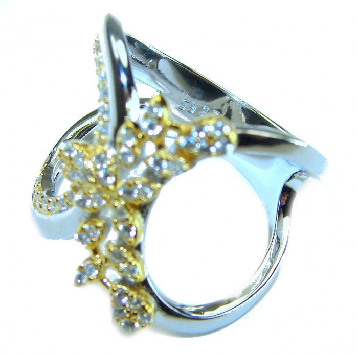 Precious 2.2 carat White Topaz .925 Silver dippedin 14K Gold handcrafted Cocktail Ring s. 8 - Flower design ring, top view, silver dipped in 14K gold with white topaz.