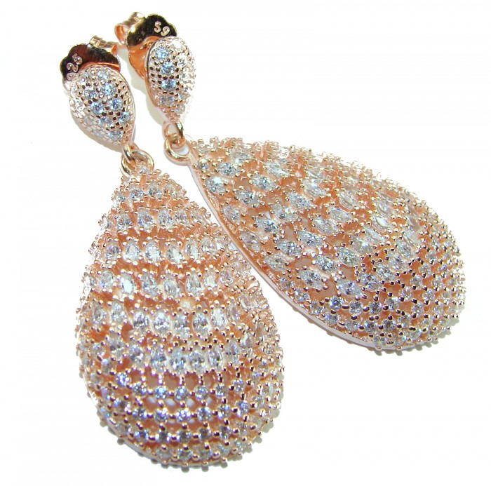 Magnificent Jewel - 17.5 carat natural White Topaz 14K Rose Gold over .925 Sterling Silver handcrafted incredible earrings - Close-up of 17.5 carat white topaz earrings in 14K rose gold.