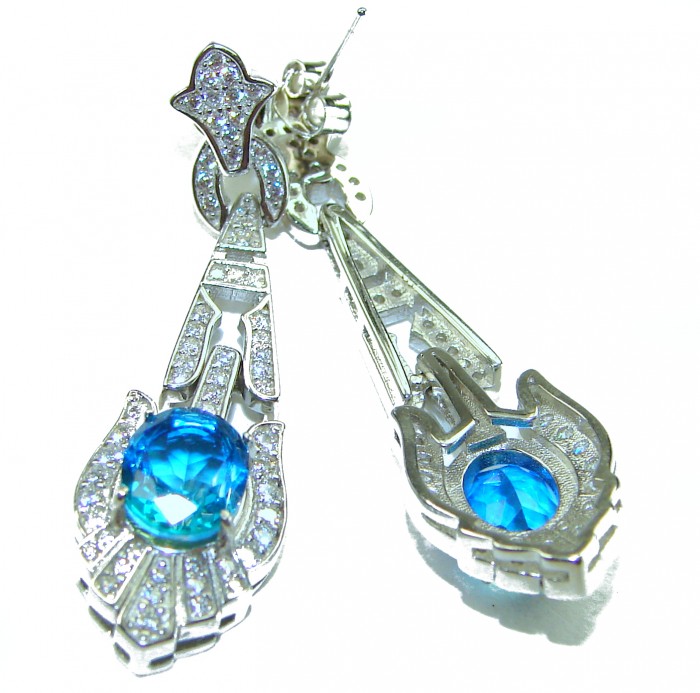 Art Deco 5.5 carat Swiss Blue Topaz .925 Sterling Silver Handcrafted Earrings - Art Deco sterling silver earrings with blue topaz, side view close-up
