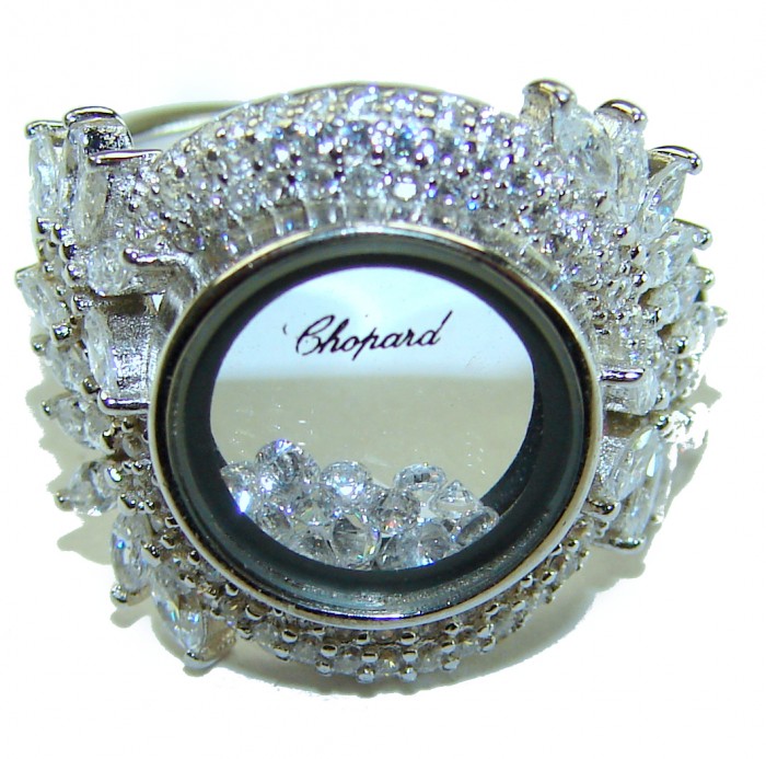 Floating Memories 12.5 carat White Topaz .925 Sterling Silver Handcrafted Ring size 6 1/4 - Close-up of Floating Memories ring with diamonds and Chopard label.