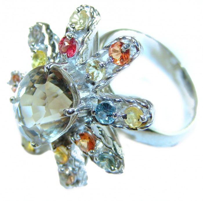 Celestial peace 15.5 carat Champagne Topaz MULTICOLOR SAPPHIRE .925 Sterling Silver HUGE Ring size 8 - Close-up of Celestial Peace ring with multicolor sapphires and topaz.