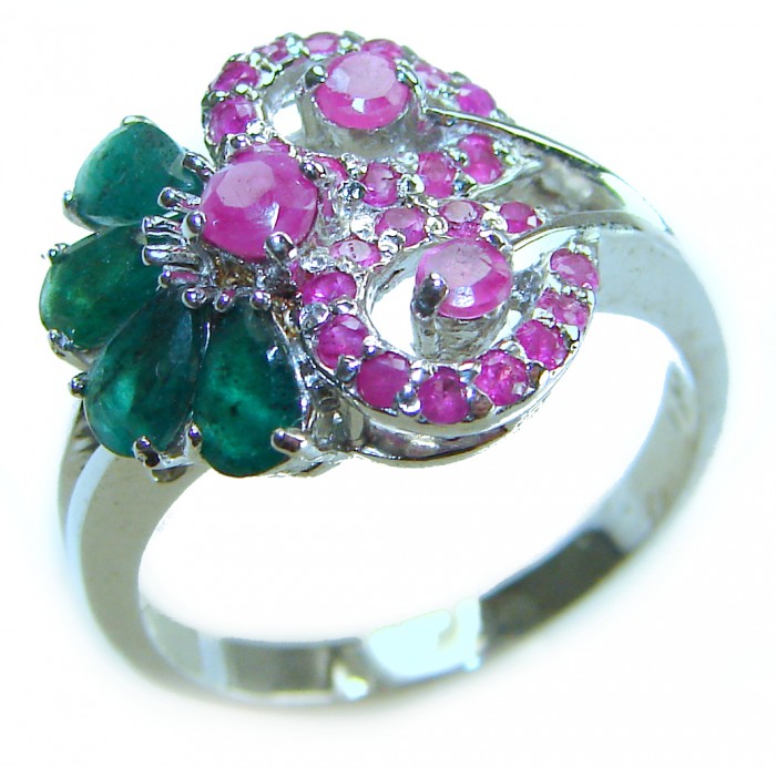 Real Beauty Natural 8.9 carat Ruby Emerald .925 Sterling Silver handmade Statement Ring size 8 - Close-up of ruby and emerald sterling silver ring.