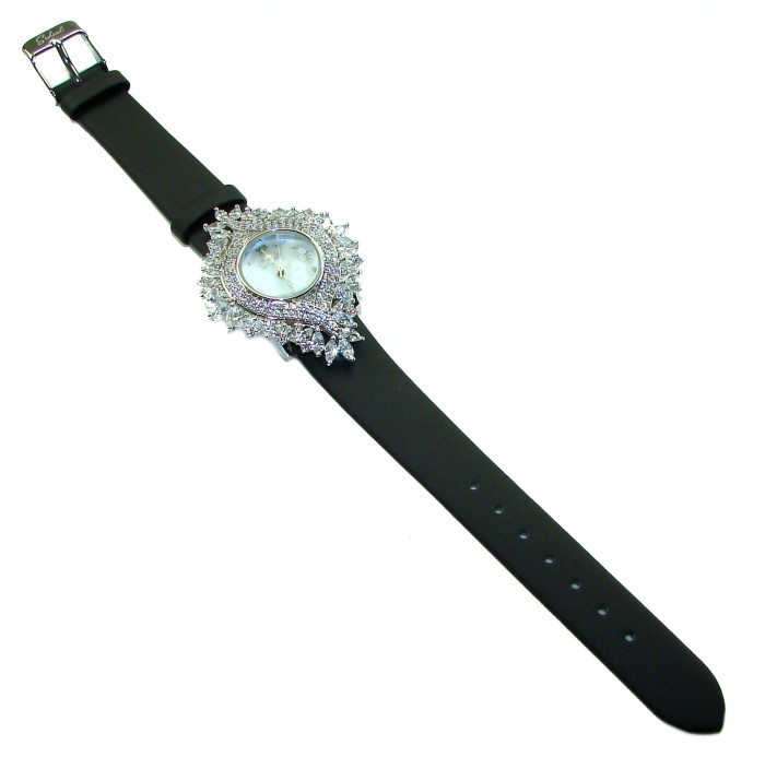 Precious 22.5 carat Authentic White Topaz Genuine Leather strap .925 Sterling Silver handmade Watch - Elegant topaz watch on black leather strap, top view.