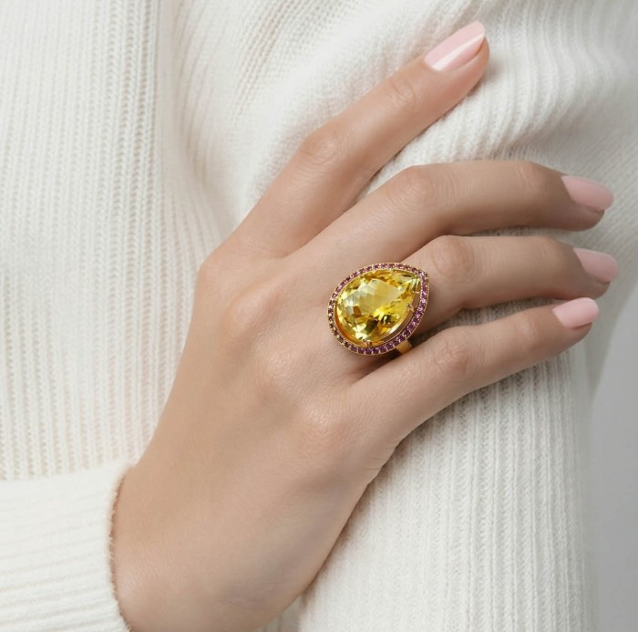 Vivien - Natural 25.8 carat pear cut BRAZILIAN Citrine .925 Sterling Silver dipped in 22K Gold handmade Statement Ring size 7 1/4 - Pear-cut Brazilian citrine ring worn on hand, close-up view