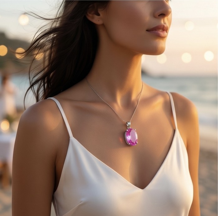 Oval cut 28.8 carat Bubblegum Pink Sapphire from Madagascar .925 Sterling Silver handcrafted pendant - Oval cut pink sapphire pendant worn on woman at sunset beach