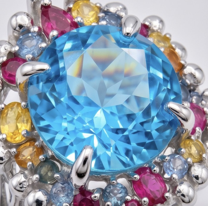Ocean Blue Natural 22.8 carat Swiss Blue Topaz .925 Sterling Silver dipped in rhodium handmade Large Statement Ring size 8 - Close-up of Ocean Blue Topaz ring with colorful gemstone accents.