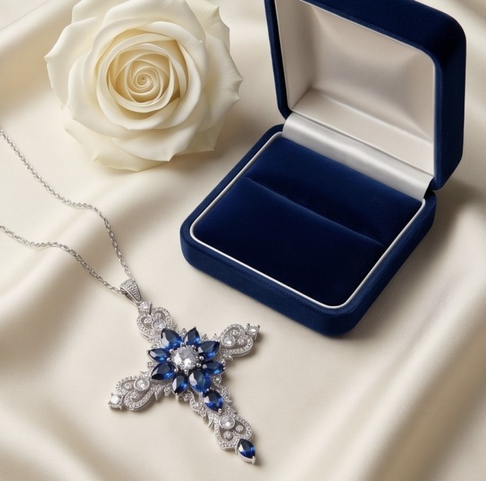 Sacrifice 9.2 carat Sapphire .925 Sterling Silver handcrafted Statement Necklace - Sapphire cross necklace with box and rose, top view.