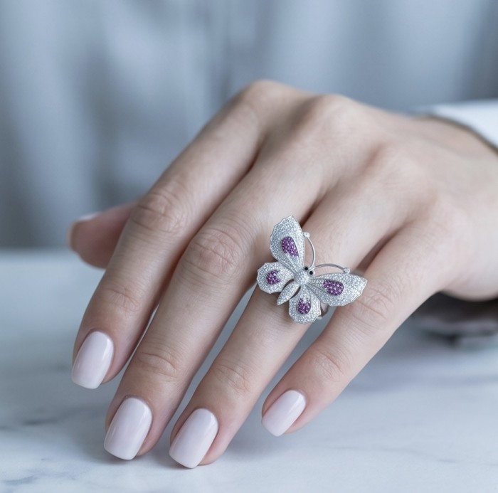 Precious Butterfly Genuine 10.5 carat Ruby .925 Sterling Silver handmade LARGE Statement Ring size 7 1/2 - Butterfly ring with rubies worn on hand, showcasing detailed design.