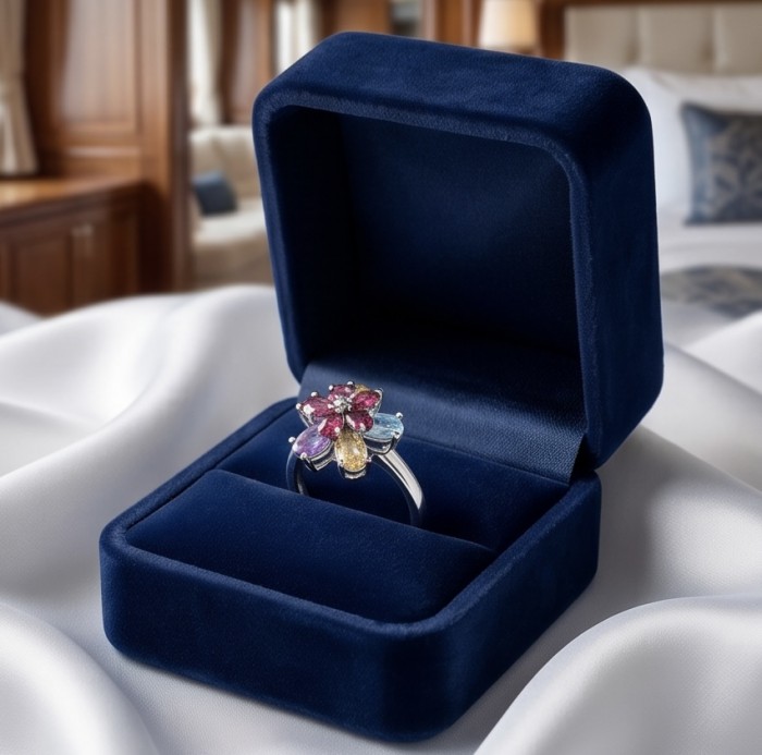 Flower 7.2 carat Multigem .925 Sterling Silver Handcrafted Ring size 10 - Flower multigem ring in blue velvet box on white satin fabric.