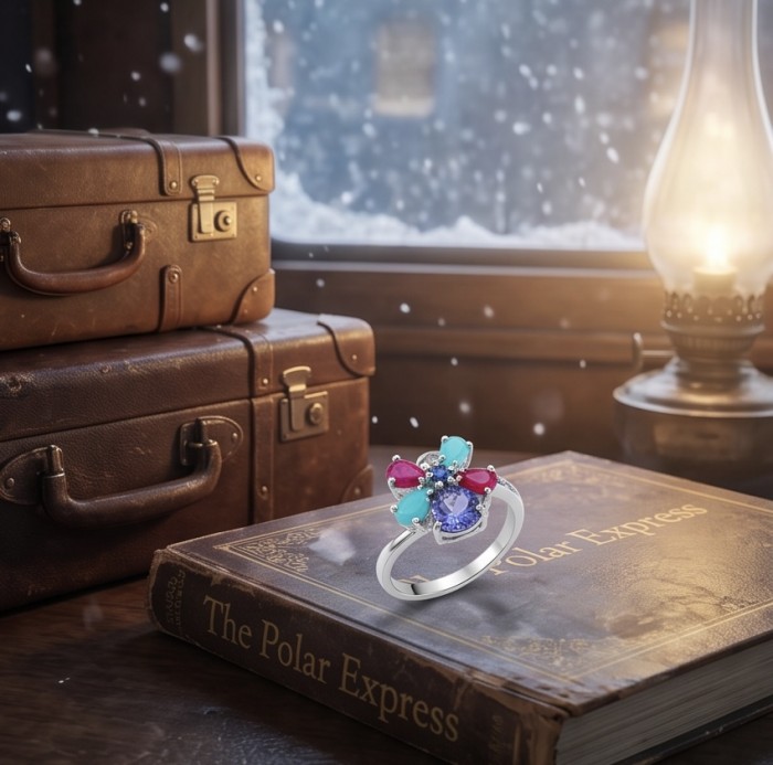 Flower 7.2 carat Multigem .925 Sterling Silver Handcrafted Ring size 7 - Ring on book, side view, colorful multigem flower design, vintage background.