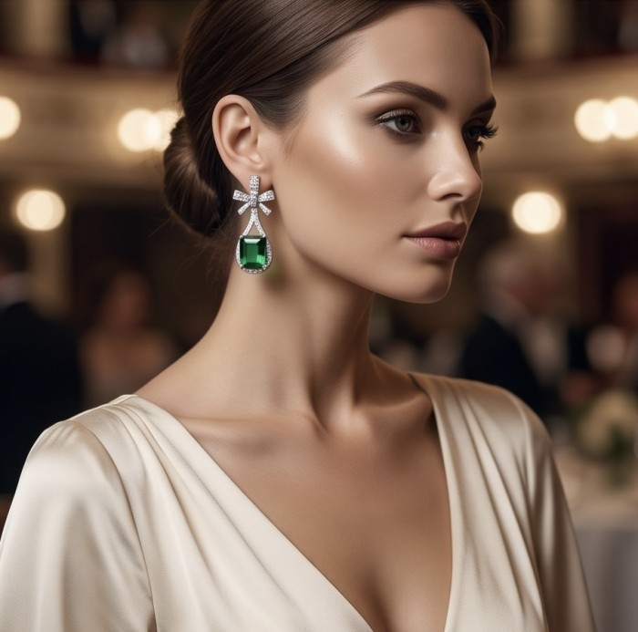 Stella 3.8 carat COLOMBIAN Emerald .925 Sterling Silver handmade Earrings - Side view of Stella 3.8 carat Colombian Emerald earrings worn.