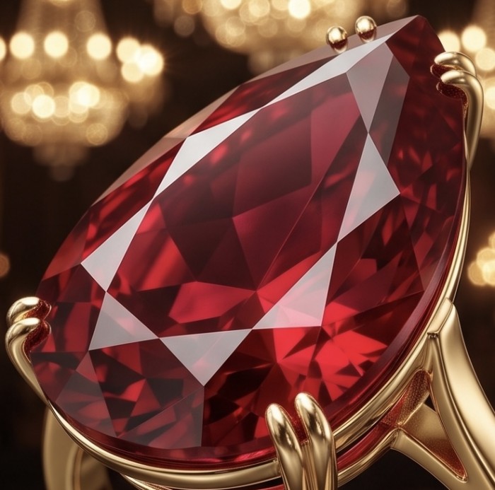 Carmen Natural 25.4 carat Ruby .925 Sterling Silver dipped in 22K Gold handmade Large Statement Ring size 8 3/4 - Close-up of a 25.4 carat ruby in a gold setting.