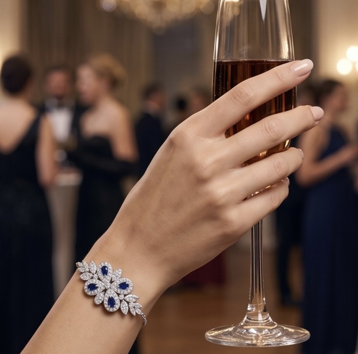 Precious Art deco Genuine 0.7 carat Sapphire .925 Sterling Silver handcrafted Bracelet - Bracelet worn on hand holding champagne glass, sapphire and diamond design