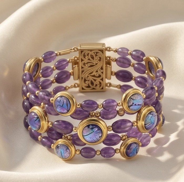 Baroque Style Beauty 39.5 carat Amethyst 14K Gold over .925 Sterling Silver handcrafted Bracelet - Amethyst bracelet with gold accents on satin, showing clasp detail.